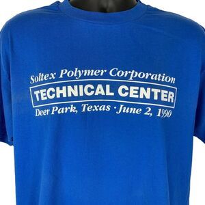 Vintage Soltex Polymer Corporation T Shirt Mens X-Large Deer Park Texas 90s Blue